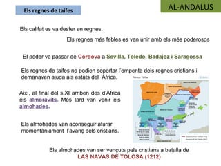 Els regnes de taifes                                        AL-ANDALUS

Els califat es va desfer en regnes.
                    Els regnes més febles es van unir amb els més poderosos


 El poder va passar de Córdova a Sevilla, Toledo, Badajoz i Saragossa

Els regnes de taifes no podien soportar l’empenta dels regnes cristians i
demanaven ajuda als estats del Àfrica.

Així, al final del s.XI arriben des d’Àfrica
els almoràvits. Més tard van venir els
almohades.


Els almohades van aconseguir aturar
momentàniament l’avanç dels cristians.


            Els almohades van ser vençuts pels cristians a batalla de
                      LAS NAVAS DE TOLOSA (1212)
 