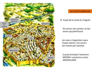 LA CIUTAT ANDALUSÍ


          MESQUITA
          PRINCIPAL
                                           El traçat de la ciutat és irregular
 PALAU                      MESQUITA
  DEL
GOVERN
                                             Els carrers són estrets i es fan
                                             sense cap planificació
    ALMODÍ
                      SOC
                                             Les cases s’organitzen cap a
                                             l’espai interior i els carrers
                                             són només per transitar

         MESQUITA

                                             La part principal s’anomena
                                   RAVAL     MEDINA i acostuma a estar
                                             AMURALLADA
 