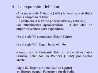 A				La	expansión	del	Islam	
-A	la	muerte	de	Mahoma	(	632)	la	Península	Arábiga		
había	adoptado	el	Islam.		
-El	Califa	era	la	máximo	poder(político	y	religioso)	
Los	 musulmanes	 aprovecharon	 	 la	 debilidad	 de	
imperios	vecinos	para	expandirse.	
	
-En	el	siglo	VII	conquistan	Siria	y	Egipto.	
	
-En	el	siglo	VIII		llegan	hasta	el	Indo.	
	
-Conquistan	 la	 Península	 Ibérica	 	 y	 penetran	 hasta	
Francia	 ,detenidos	 en	 Poitiers	 (	 732)	 por	 Carlos	
Martel.	
	
-Siglo	IX	,	llegan	a	Nubia	(	sur	de	Egipto)		
	en	Europa	ocupan	Palermo	y	sur	de	Italia.	
 