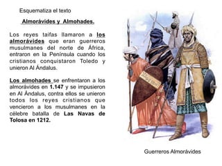 Almorávides y Almohades.
Los reyes taifas llamaron a los
almorávides que eran guerreros
musulmanes del norte de África,
entraron en la Península cuando los
cristianos conquistaron Toledo y
unieron Al Ándalus.
Los almohades se enfrentaron a los
almorávides en 1.147 y se impusieron
en Al Ándalus, contra ellos se unieron
todos los reyes cristianos que
vencieron a los musulmanes en la
célebre batalla de Las Navas de
Tolosa en 1212.
Esquematiza el texto
Guerreros Almorávides
 