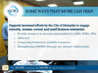 CI SOME WAYS THAT MORE CAN HELP!
Supports increased efforts by the City of Memphis to engage
minority, woman-owned, and small business enterprises
Provide resources to increase participation by MBEs, WBEs, SBEs.
Advocacy
Connecting business to available resources.
Strengthening MWBE’s through our partner relationships.
 