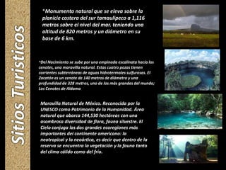 *Del Nacimiento se sube por una empinada escalinata hacia los
cenotes, una maravilla natural. Estas cuatro pozas tienen
corrientes subterráneas de aguas hidrotermales sulfurosas. El
Zacatón es un cenote de 140 metros de diámetro y una
profundidad de 328 metros, uno de los más grandes del mundo;
Los Cenotes de Aldama
VFD*Monumento natural que se eleva sobre la
planicie costera del sur tamaulipeco a 1,116
metros sobre el nivel del mar. teniendo una
altitud de 820 metros y un diámetro en su
base de 6 km.
Maravilla Natural de México. Reconocida por la
UNESCO como Patrimonio de la Humanidad. Área
natural que abarca 144,530 hectáreas con una
asombrosa diversidad de flora, fauna silvestre. El
Cielo conjuga las dos grandes ecoregiones más
importantes del continente americano: la
neotropical y la neoártica, es decir que dentro de la
reserva se encuentra la vegetación y la fauna tanto
del clima cálido como del frío.
 