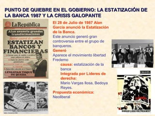 PUNTO DE QUIEBRE EN EL GOBIERNO: LA ESTATIZACIÓN DE
LA BANCA 1987 Y LA CRISIS GALOPANTE
El 28 de Julio de 1987 Alan
García anunció la Estatización
de la Banca.
Este anuncio generó gran
controversia entre el grupo de
banqueros.
Generó
Aparece el movimiento libertad
Fredemo
causa: estatización de la
banca
Integrada por Líderes de
derecha:
Mario Vargas llosa, Bedoya
Reyes.
Propuesta económica:
Neoliberal

 