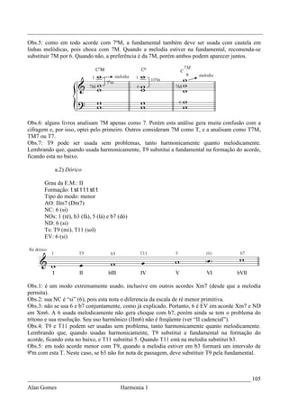 _________________________________________________________________________________
Obs.5: como em todo acorde com 7ªM, a fundamental também deve ser usada com cautela em
linhas melódicas, pois choca com 7M. Quando a melodia estiver na fundamental, recomenda-se
substituir 7M por 6. Quando não, a preferência é da 7M, porém ambos podem aparecer juntos.
                                                                  7M
                                                              C
                                                                  6




Obs.6: alguns livros analisam 7M apenas como 7. Porém esta análise gera muita confusão com a
cifragem e, por isso, optei pelo primeiro. Outros consideram 7M como T, e a analisam como T7M,
TM7 ou T7.
Obs.7: T9 pode ser usada sem problemas, tanto harmonicamente quanto melodicamente.
Lembrando que, quando usada harmonicamente, T9 substitui a fundamental na formação do acorde,
ficando esta no baixo.

           a.2) Dórico

       Grau da E.M.: II
       Formação: t st t t t st t
       Tipo do modo: menor
       AO: IIm7 (Dm7)
       NC: 6 (si)
       NOs: 1 (ré), b3 (fá), 5 (lá) e b7 (dó)
       ND: 6 (si)
       Ts: T9 (mi), T11 (sol)
       EV: 6 (si)




Obs.1: é um modo extremamente usado, inclusive em outros acordes Xm7 (desde que a melodia
permita).
Obs.2: sua NC é “si” (6), pois esta nota o diferencia da escala de ré menor primitiva.
Obs.3: não se usa 6 e b7 conjuntamente, como já explicado. Portanto, 6 é EV em acorde Xm7 e ND
em Xm6. A 6 usada melodicamente não gera choque com b7, porém ainda se tem o problema do
trítono e sua resolução. Seu uso harmônico (IIm6) não é freqüente (ver “II cadencial”).
Obs.4: T9 e T11 podem ser usadas sem problema, tanto harmonicamente quanto melodicamente.
Lembrando que, quando usadas harmonicamente, T9 substitui a fundamental na formação do
acorde, ficando esta no baixo, e T11 substitui 5. Quando T11 está na melodia substitui b3.
Obs.5: em todo acorde menor com T9, quando a melodia estiver em b3 formará um intervalo de
9ªm com esta T. Neste caso, se b3 não for nota de passagem, deve substituir T9 pela fundamental.



_____________________________________________________________________________ 105
Alan Gomes                               Harmonia 1
 