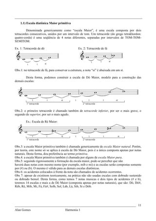 _________________________________________________________________________________
    1.1) Escala diatônica Maior primitiva

         Denominada genericamente como “escala Maior”, é uma escala composta por dois
tetracordes consecutivos, unidos por um intervalo de tom. Um tetracorde (do grego tetrakhordon:
quatro-corda) é uma seqüência de 4 notas diferentes, separadas por intervalos de TOM-TOM-
SEMITOM.

Ex. 1: Tetracorde de dó                            Ex. 2: Tetracorde de fá




Obs.1: no tetracorde de fá, para conservar a estrutura, a nota “si” é abaixada em um st.

        Desta forma, podemos construir a escala de Dó Maior, modelo para a construção das
demais escalas:




Obs.2: o primeiro tetracorde é chamado também de tetracorde inferior, por ser o mais grave, o
segundo de superior, por ser o mais agudo.

         Ex.: Escala de Ré Maior:




Obs.3: a escala Maior primitiva também é chamada genericamente de escala Maior natural. Porém,
por teoria, este nome só se aplica à escala de Dó Maior, pois é a única composta apenas por notas
naturais. Desta forma, dou preferência ao termo primitiva.
Obs.4: a escala Maior primitiva também é chamada por alguns de escala Maior pura.
Obs.5: seguindo rigorosamente a formação da escala maior, pode-se perceber que não
haverá duas notas com mesmo nome (por exemplo, mib e mi) e as escalas serão compostas somente
por (#) ou (b). O mesmo é válido para as demais escalas diatônicas.
Obs 6: os acidentes colocados à frente da nota são chamados de acidentes ocorrentes.
Obs 7: apesar de existirem teoricamente, na prática não são usadas escalas com dobrado sustenido
ou dobrado bemol. Desta forma, como temos 7 notas musicas e dois tipos de acidentes (# e b),
teremos 14 escalas e mais a de Dó Maior (composta apenas por notas naturais), que são: Dó, Dó#,
Réb, Ré, Mib, Mi, Fá, Fá#, Solb, Sol, Láb, Lá, Sib, Si e Dób.




_____________________________________________________________________________ 11
Alan Gomes                              Harmonia 1
 