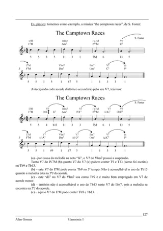 _________________________________________________________________________________
          Ex. prático: tomemos como exemplo, a música “the comptown races”, de S. Foster:




          Antecipando cada acorde diatônico secundário pelo seu V7, teremos:




           (a) - por causa da melodia na nota “lá”, o V7 do VIm7 possui a suspensão.
           Tanto V7 do IV7M (b) quanto V7 do V7 (c) podem conter T9 e T13 (como foi escrito)
ou Tb9 e Tb13.
           (b) – este V7 do I7M pode conter Tb9 no 3ª tempo. Não é aconselhável o uso de Tb13
quando a melodia está na 5ªJ do acorde.
           (c) - este “dó” no V7 do VIm7 soa como T#9 e é muito bem empregado em V7 de
acorde menor.
           (d) – também não é aconselhável o uso de Tb13 neste V7 do IIm7, pois a melodia se
encontra na 5ªJ do acorde.
           (e) – aqui o V7 do I7M pode conter Tb9 e Tb13.




_____________________________________________________________________________ 127
Alan Gomes                           Harmonia 1
 