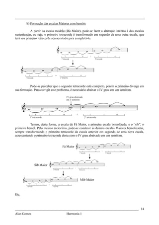 _________________________________________________________________________________
        b) Formação das escalas Maiores com bemóis

            A partir da escala modelo (Dó Maior), pode-se fazer a alteração inversa à das escalas
sustenizadas, ou seja, o primeiro tetracorde é transformado em segundo de uma outra escala, que
terá seu primeiro tetracorde acrescentado para completá-lo.




           Pode-se perceber que o segundo tetracorde está completo, porém o primeiro diverge em
sua formação. Para corrigir este problema, é necessário abaixar o IV grau em um semitom.




           Temos, desta forma, a escala de Fá Maior, a primeira escala bemolizada, e o “sib”, o
primeiro bemol. Pelo mesmo raciocínio, pode-se construir as demais escalas Maiores bemolizadas,
sempre transformando o primeiro tetracorde da escala anterior em segundo de uma nova escala,
acrescentando o primeiro tetracorde desta com o IV grau abaixado em um semitom.


                                   Fá Maior




              Sib Maior



                                                Mib Maior



Etc.



_____________________________________________________________________________ 14
Alan Gomes                            Harmonia 1
 
