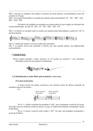 _________________________________________________________________________________
Obs.1: note que os acidentes são sempre os mesmos da escala anterior, acrescentando-se mais um
acidente no IV grau.
Obs.2: as escalas bemolizadas se sucedem por quintas justas descendentes: Fá – Sib – Mib – Láb –
Réb – Solb - Dób.

           Os bemóis são grafados na armadura na mesma ordem em que surgem na formação das
escalas bemolizadas, ou seja: SI – MI – LÁ – RÉ – SOL – DÓ – FÁ

Obs.3: os bemóis se sucedem como as escalas, por quintas justas descendentes, a partir do “sib” (o
primeiro bemol).




Obs 4: a ordem dos bemóis é inversa à ordem dos sustenidos.
Obs 5: as grafias acima (em sustenido e bemol), por uma questão prática, são padronizadas
universalmente.


   e EXERCÍCIOS:

     2) Em caderno pautado a parte, reescreva as 15 escalas do exercício 1 com armadura,
        utilizando a clave do seu respectivo instrumento.




    1.3) Identificando a escala Maior pela armadura e vice-versa.

        a) Escalas sustenizadas

           A tônica (nome da escala) encontra-se um semitom acima do último sustenido da
armadura (sensível da escala).
           Ex.:




            No ex.1, o último sustenido da armadura é “dó#”, que corresponde a sensível da escala.
Elevando-a em um semitom, teremos a tônica, ou seja, ré. Então esta armadura corresponde a escala
de Ré Maior.
            No ex. 2, temos a sensível como sendo o “lá#”. Ou seja, esta armadura corresponde a
escala de Si Maior.



_____________________________________________________________________________ 15
Alan Gomes                             Harmonia 1
 