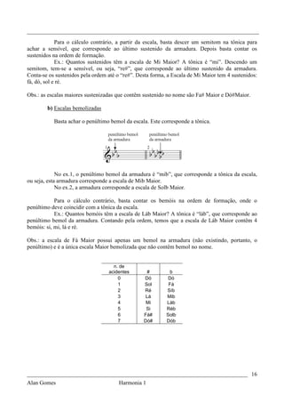 _________________________________________________________________________________
             Para o cálculo contrário, a partir da escala, basta descer um semitom na tônica para
achar a sensível, que corresponde ao último sustenido da armadura. Depois basta contar os
sustenidos na ordem de formação.
             Ex.: Quantos sustenidos têm a escala de Mi Maior? A tônica é “mi”. Descendo um
semitom, tem-se a sensível, ou seja, “re#”, que corresponde ao último sustenido da armadura.
Conta-se os sustenidos pela ordem até o “re#”. Desta forma, a Escala de Mi Maior tem 4 sustenidos:
fá, dó, sol e ré.

Obs.: as escalas maiores sustenizadas que contêm sustenido no nome são Fa# Maior e Dó#Maior.

        b) Escalas bemolizadas

           Basta achar o penúltimo bemol da escala. Este corresponde a tônica.




             No ex.1, o penúltimo bemol da armadura é “mib”, que corresponde a tônica da escala,
ou seja, esta armadura corresponde a escala de Mib Maior.
             No ex.2, a armadura corresponde a escala de Solb Maior.

            Para o cálculo contrário, basta contar os bemóis na ordem de formação, onde o
penúltimo deve coincidir com a tônica da escala.
            Ex.: Quantos bemóis têm a escala de Láb Maior? A tônica é “láb”, que corresponde ao
penúltimo bemol da armadura. Contando pela ordem, temos que a escala de Láb Maior contêm 4
bemóis: si, mi, lá e ré.

Obs.: a escala de Fá Maior possui apenas um bemol na armadura (não existindo, portanto, o
penúltimo) e é a única escala Maior bemolizada que não contêm bemol no nome.


                                    n. de
                                  acidentes        #         b
                                      0          Dó         Dó
                                      1          Sol        Fá
                                      2          Ré        Síb
                                      3           Lá       Mib
                                      4           Mi       Láb
                                      5           Si       Réb
                                      6          Fá#       Solb
                                      7          Dó#       Dób




_____________________________________________________________________________ 16
Alan Gomes                             Harmonia 1
 