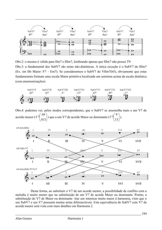 _________________________________________________________________________________




Obs.2: o mesmo é válido para IIm7 e IIIm7, lembrando apenas que IIIm7 não possui T9.
Obs.3: a fundamental dos SubV7 são notas não-diatônicas. A única exceção é o SubV7 do IIIm7
(Ex. em Dó Maior: F7 – Em7). Se considerarmos o SubV7 do VIIm7(b5), obviamente que estas
fundamentais formam uma escala Maior primitiva localizada um semitom acima da escala diatônica
(com enarmonizações):




Obs.4: podemos ver, pelos modos correspondentes, que o SubV7 se assemelha mais a um V7 de
                   b9                                                  9
acorde menor ( V 7     ) que a um V7 de acorde Maior ou dominante ( V 7  ).
                   b13                                                 13 
                                                                        




            Desta forma, ao substituir o V7 de um acorde menor, a possibilidade de conflito com a
melodia é muito menor que na substituição de um V7 de acorde Maior ou dominante. Porém, a
substituição do V7 de Maior ou dominante traz um interesse muito maior à harmonia, visto que o
seu SubV7 e seu V7 possuem muitas notas diferenciáveis. Esta equivalência do SubV7 com V7 de
acorde menor será vista com mais detalhes em Harmonia 2.

_____________________________________________________________________________ 184
Alan Gomes                            Harmonia 1
 