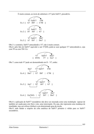 _________________________________________________________________________________
           É muito comum, ao invés de substituir o V7 pelo SubV7, precedê-lo.


                       V7 SubV7        I7M
              Ex.1: || G7 Db7 |        C7M     ||


                       V7 SubV7        V7
              Ex.2: || D7 Ab7 |        G7 ||


                       V7 SubV7        IIm7
              Ex.3: || A7 Eb7 |        Dm7 ||

Obs.5: o contrário, SubV7 antecedendo o V7, não é muito comum.
Obs.6: pelo fato do SubV7 equivaler a um V7(b9), pode-se usar qualquer V7 antecedendo-o, seja
com T9 ou com Tb9. Ex:


                                   V7      SubV7   IIIm7
                              ||   B7(9)     F7 || Em7 ||

Obs.7: como todo V7 pode ser desmembrado em II – V7, então:


                       IIm7        V7 SubV7         I7M

              Ex.4: || Dm7     | G7     Db7    | C7M      ||



                                 V7 SubV7 V7
              Ex.5: || Am7     | D7 Ab7 | G7 ||



                                       V7 SubV7 IIm7
              Ex.6: || Em7(b5)     |   A7 Eb7 | Dm7 ||


Obs.8: a aplicação de SubV7 secundários não deve ser encarada como uma modulação (apesar de
também ser usada para este fim) e sim, uma tonicização. Ou seja, não representa uma mudança de
tonalidade, mas um reforço (ênfase) a um determinado grau da escala.
Obs.9: tudo falado a respeito da cifra analítica do SubV7 primário é válido para os SubV7
secundários.




_____________________________________________________________________________ 185
Alan Gomes                             Harmonia 1
 