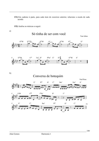 _________________________________________________________________________________


     131) Em caderno à parte, para cada item do exercício anterior, relacione a escala de cada
         acorde:


     132) Analise as músicas a seguir:

a)




b)




_____________________________________________________________________________ 199
Alan Gomes                               Harmonia 1
 