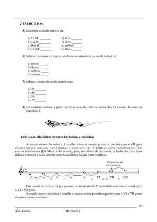 _________________________________________________________________________________

   e EXERCÍCIOS:

     5) Encontrar a escala relativa de:

         a) Fá M: _______            e) si m:_______
         b) Lá M:_______             f) fá m:_______
         c) RébM:_______             g) sol#m:______
         d) Fá#M:_______             h) lábm:______

     6) Indicar o número e o tipo de acidentes na armadura da escala menor de:

         a) mi m:______
         b) dó m:______
         c) sol# m:_____
         d) mib m:_____

     7) Indicar o nome da escala menor com:

         a) 2b:_______
         b) 4#:_______
         c) 5b:_______
         d) 7#:_______

     8) Em caderno pautado a parte, escrever a escala relativa menor das 15 escalas Maiores do
        exercício 2.




    1.6) Escalas diatônicas menores harmônica e melódica

         A escala menor harmônica é similar a escala menor primitiva, porém com o VII grau
elevado em um semitom, transformando-o numa sensível. A partir de agora, trabalharemos com
escalas homônimas (Dó Maior e dó menor), pois, no estudo de harmonia, a fusão dos dois tipos
(Maior e menor) é mais comum entre homônimos do que entre relativos.




        Esta escala se caracteriza por possuir um intervalo de 2ª aumentada (um tom e meio) entre
o VI e VII graus.
        A escala menor melódica é similar a escala menor primitiva, porém com o VI e VII graus
elevados em um semitom.

_____________________________________________________________________________ 20
Alan Gomes                                Harmonia 1
 