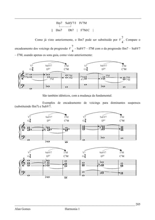 _________________________________________________________________________________
                             IIm7   SubV7/I       IV7M

                          || Dm7      Db7     |   F7M/C   |

                                                                             7
               Como já visto anteriormente, o IIm7 pode ser substituído por V . Compare o
                                                                             4
                                            7
encadeamento dos voicings da progressão V - SubV7 – I7M com o da progressão IIm7 – SubV7
                                            4
– I7M, usando apenas os sons guia, como visto anteriormente:




                   São também idênticos, com a mudança da fundamental.

                      Exemplos de encadeamento de voicings para dominantes suspensos
(substituindo IIm7) e SubV7.




_____________________________________________________________________________ 205
Alan Gomes                          Harmonia 1
 