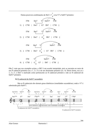 _________________________________________________________________________________
                                                              7
                Outras possíveis combinações de IIm7, V         e/ou V7 e SubV7 primário:
                                                              4

                      I7M         IIm7        V7 SubV7         I7M

              1)   || C7M     | Dm7      | G7         Db7   | C7M        ||


                      I7M         IIm7        V7      SubV7       I7M

                                                  7
              2)   || C7M     | Dm7      |    G       Db7     | C7M           ||
                                                  4


                      I7M         IIm7       V7             SubV7       I7M

                                              7
              3)   || C7M     | Dm7      G         | G7     Db7     | C7M          ||
                                              4


                      I7M         V7               SubV7      I7M
                                    7
              4)   || C7M     |   G      G7       | Db7     | C7M       ||
                                    4

Obs.2: note que nos exemplos acima, o Db7 é um acorde interpolado, pois se encontra no meio de
um II cadencial primário (ex.s 1, 2 e 3) e de um dominante primário (ex. 4). Desta forma, nos ex.s
1, 2 e 3, o Dm7 é analisado como pertencente ao II cadencial primário e não ao II cadencial do
SubV7 primário.

        b) II cadencial do SubV7 secundário

            São os II cadenciais dos demais graus diatônicos (tonalidades secundárias), onde o V7 é
substituído pelo SubV7.




_____________________________________________________________________________ 206
Alan Gomes                               Harmonia 1
 