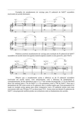 _________________________________________________________________________________
           Exemplos de encadeamento de voicings para II cadencial do SubV7 secundário
resolvendo em acorde dominante:




           Podemos construir encadeamento de voicings para resolução do II cadencial do SubV7
secundário em acorde menor da seguinte maneira (apenas usando os sons guia) (Ex. para VIm7):




           Observe que o encadeamento acima é idênticos ao do II cadencial secundário
resolvendo em acorde menor, visto anteriormente, com a diferença da fundamental e,
conseqüentemente, da não alternância entre a 3ª e 7ª dos acordes da progressão. A 7ªm do IIm7(b5)
desce um semitom para a 7ªm do SubV7 e a 3ªm permanece como a 3ªM do SubV7. Note que a
permanência da 5ªD, como ocorre no II cadencial, não é a melhor opção aqui. Esta permanência foi
usada no exemplo acima apenas para efeito comparativo com o II cadencial, porém seria mais
conveniente subir esta 5ªD para T13 ou descer para T#11. Assim como nos demais II cadenciais do
SubV7, esta progressão também produz um cromatismo entre as fundamentais dos acordes.




_____________________________________________________________________________ 208
Alan Gomes                            Harmonia 1
 