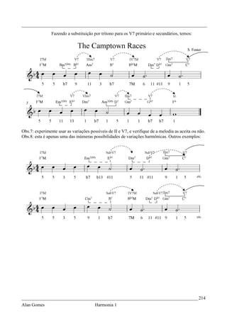 _________________________________________________________________________________
                Fazendo a substituição por trítono para os V7 primário e secundários, temos:




Obs.7: experimente usar as variações possíveis de II e V7, e verifique de a melodia as aceita ou não.
Obs.8: esta é apenas uma das inúmeras possibilidades de variações harmônicas. Outros exemplos:




_____________________________________________________________________________ 214
Alan Gomes                              Harmonia 1
 