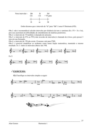 _________________________________________________________________________________
          Nota intervalar -    fáb          fá        fá#
                              -2st        -1st     = VI grau


                               D           m          M

                  Então dizemos que o intervalo de “lá” para “fáb” é uma 6ª Diminuta (6ªD).

Obs.1: não é recomendável calcular intervalos por distância de tons e semitons (Ex: 5ªJ = 3t e 1st),
pois isso acarretará em dificuldades de entendimento de matérias posteriores.
Obs.2: o intervalo de 1ªJ também é chamado de uníssono.
Obs.3: o intervalo de 4ªA ou 5ªD (vide inversão de intervalos) é chamado de trítono, pois possui 3
tons em sua formação.
Obs.4: o intervalo de 1ªD não existe. O mesmo vale para 2ªSD.
Obs.5: é possível simplificar os acidentes como numa fração matemática, mantendo o mesmo
resultado. Ex 1: todos os intervalos abaixo são 3ªM.




Ex.2:




   e EXERCÍCIOS:

        12) Classifique os intervalos simples a seguir:




_____________________________________________________________________________ 27
Alan Gomes                                Harmonia 1
 