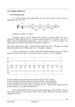 _________________________________________________________________________________
14) ACORDE DIMINUTO

     14.1) Conceitos gerais

       É o acorde formado pela sobreposição de três terças menores (3ªm), relativas à
fundamental, 3ªm, 5ªD e 7ªD.




         Cifragens: Xº, Xdim; Xº7; Xdim7

         Na prática, todos os acordes diminutos são tétrades, e raramente tríades. Por isso, a
cifragem da tétrade diminuta deve ser a mesma da tríade diminuta: Xº ou Xdim, e não Xº7 ou
Xdim7. Além da diferenciação desnecessária, o uso do número 7 na cifra dá margem a ser
interpretada como Xm7(b5). Neste método será adotada a cifragem Xº.

Obs.: alguns paises latinos cifram o acorde diminuto tríade como Xdis e o diminuto com sétima
(diminuto completo) como Xº(7dis), onde “dis” = disminuída = diminuta.

         A oitava é composta por 12 semitons. Desta forma, podemos dividir a oitava em “n” partes
iguais de intervalos fixos, onde “n” são os divisores de 12, ou seja, 2, 3, 4 e 6. Veja tabela:


a)

b)


dó    dó#     ré    mib       mi   fá      fá#   sol    láb     lá    sib      si    dó
c)

d)



a) oitava dividida em duas partes iguais em intervalos de 4ªA ou 5ªD – trítono.
b) oitava dividida em três partes iguais em intervalos de 3ªM – tríade aumentada.
c) oitava dividida em quatro partes iguais em intervalos de 3ªm – tétrade diminuta.
d) oitava dividida em seis partes iguais em intervalos de 2ªM – escala de tons inteiros (uma das
escalas simétricas, a ser estudada em Harmonia 2).

        Como acorde diminuto divide a oitava em quatro partes iguais, é dito simétrico. Devido a
essa simetria intervalar, suas inversões formam novos acordes diminutos, não sendo correto a
cifragem da inversão.


_____________________________________________________________________________ 282
Alan Gomes                              Harmonia 1
 