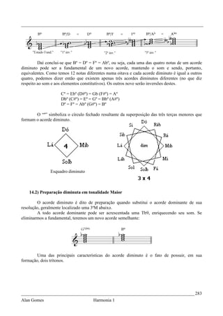 _________________________________________________________________________________




         Daí conclui-se que Bº = Dº = Fº = Abº, ou seja, cada uma das quatro notas de um acorde
diminuto pode ser a fundamental de um novo acorde, mantendo o som e sendo, portanto,
equivalentes. Como temos 12 notas diferentes numa oitava e cada acorde diminuto é igual a outros
quatro, podemos dizer então que existem apenas três acordes diminutos diferentes (no que diz
respeito ao som e aos elementos constitutivos). Os outros nove serão inversões destes.

                     Cº = Ebº (D#º) = Gb (F#º) = Aº
                     Dbº (C#º) = Eº = Gº = Bbº (A#º)
                     Dº = Fº = Abº (G#º) = Bº

       O “º” simboliza o círculo fechado resultante da superposição das três terças menores que
formam o acorde diminuto.




               Esquadro diminuto



    14.2) Preparação diminuta em tonalidade Maior

        O acorde diminuto é dito de preparação quando substitui o acorde dominante de sua
resolução, geralmente localizado uma 3ªM abaixo.
        A todo acorde dominante pode ser acrescentada uma Tb9, enriquecendo seu som. Se
eliminarmos a fundamental, teremos um novo acorde semelhante:




        Uma das principais características do acorde diminuto é o fato de possuir, em sua
formação, dois trítonos.




_____________________________________________________________________________ 283
Alan Gomes                            Harmonia 1
 