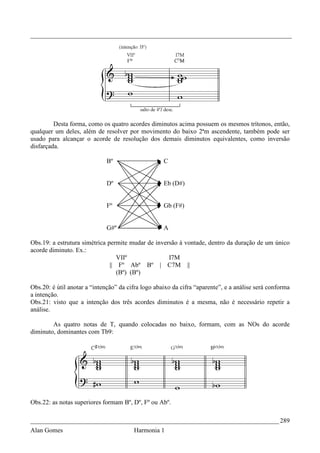 _________________________________________________________________________________




         Desta forma, como os quatro acordes diminutos acima possuem os mesmos trítonos, então,
qualquer um deles, além de resolver por movimento do baixo 2ªm ascendente, também pode ser
usado para alcançar o acorde de resolução dos demais diminutos equivalentes, como inversão
disfarçada.

                             Bº                     C


                             Dº                     Eb (D#)


                             Fº                     Gb (F#)


                             G#º                    A

Obs.19: a estrutura simétrica permite mudar de inversão à vontade, dentro da duração de um único
acorde diminuto. Ex.:
                                  VIIº              I7M
                               || Fº Abº Bº | C7M ||
                                  (Bº) (Bº)

Obs.20: é útil anotar a “intenção” da cifra logo abaixo da cifra “aparente”, e a análise será conforma
a intenção.
Obs.21: visto que a intenção dos três acordes diminutos é a mesma, não é necessário repetir a
análise.

        As quatro notas de T, quando colocadas no baixo, formam, com as NOs do acorde
diminuto, dominantes com Tb9:




Obs.22: as notas superiores formam Bº, Dº, Fº ou Abº.

_____________________________________________________________________________ 289
Alan Gomes                              Harmonia 1
 