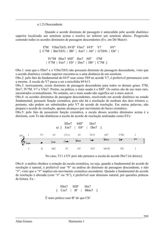 _________________________________________________________________________________
                a.1.2) Descendente

                     Quando o acorde diminuto de passagem é antecedido pelo acorde diatônico
superior localizado um semitom acima e resolve no inferior um semitom abaixo. Progressão
contendo todos os acordes diminutos de passagem descendentes (Ex. em Dó Maior):

                    I7M VIIm7(b5) bVIIº VIm7 bVIº V7          bVº
                 || C7M | Bm7(b5) | Bbº | Am7 | Abº | G7(b9) | Gbº |

                        IV7M IIIm7 bIIIº IIm7 bIIº   I7M
                      | F7M | Em7 | Ebº | Dm7 | Dbº | C7M ||

Obs.1: note que o IIIm7 e o VIIm7(b5) não possuem diminuto de passagem descendente, visto que
o acorde diatônico vizinho superior encontra-se a uma distância de um semitom.
Obs.2: pelo fato da fundamental do bVIº soar como Tb9 no acorde V7, é preferível permanecer com
a mesma. A escala do V7 passa a ser a mixolídia b9 b13.
Obs.3: teoricamente, existe diminuto de passagem descendente para todos os demais graus: I7M,
IIm7, IV7M, V7 e VIm7. Porém, na prática, o mais usado é o bIIIº. Os outros são de uso mais raro,
encontrados eventualmente. No entanto, ser o mais usado não significa ser o mais usável.
Obs.4: os acordes diminutos de passagem descendentes, resolvendo em acorde diatônico no estado
fundamental, possuem função cromática, pois não há a resolução de nenhum dos dois trítonos e,
portanto, não podem ser substituídos pelo V7 do acorde de resolução. Em outras palavras, não
prepara o acorde de resolução, apenas alcança-o por movimento do baixo cromático.
Obs.5: pelo fato de possuírem função cromática, a escala desses acordes diminutos acima é a
diminuta, com Ts não diatônicas a escala do acorde de resolução analisadas como EVs:

                                    IIIm7 bIIIº       IIm7
                              a) || Em7 | Ebº       | Dm7        ||




                      No caso, T11 é EV pois não pertence a escala do acorde Dm7 (ré dórico).

Obs.6: a análise obedece a notação da escala cromática, ou seja, quando a fundamental do acorde de
resolução é natural, é preferível usar “b” na análise do diminuto de passagem descendente, e não
“#”, visto que o “#” implica em movimento cromático ascendente. Quando a fundamental do acorde
de resolução é alterada (com “#” ou “b”), é preferível usar diminuto natural, por questões práticas
de leitura. Ex.:

                                 IIIm7 bIIIº IIm7
                              || Cm7 | Bº | Bbm7            ||

                      É mais prático usar Bº do que Cbº.




_____________________________________________________________________________ 295
Alan Gomes                             Harmonia 1
 