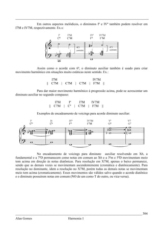 _________________________________________________________________________________
              Em outros aspectos melódicos, o diminutos Iº e IVº também podem resolver em
I7M e IV7M, respectivamente. Ex.s:




              Assim como o acorde com 6ª, o diminuto auxiliar também é usado para criar
movimento harmônico em situações muito estáticas neste sentido. Ex.:

                            I7M                        IV7M
                      ||    C7M      | C7M   | C7M   | F7M ||

                Para dar maior movimento harmônico à progressão acima, pode-se acrescentar um
diminuto auxiliar no segundo compasso:

                               I7M      Iº     I7M     IV7M
                           || C7M     | Cº   | C7M   | F7M ||

               Exemplos de encadeamento de voicings para acorde diminuto auxiliar:




               No encadeamento de voicings para diminuto auxiliar resolvendo em X6, a
fundamental e a 7ªD permanecem como notas em comum ao X6 e a 3ªm e 5ªD movimentam meio
tom acima em direção às notas diatônicas. Para resolução em X7M, apenas o baixo permanece,
sendo que as demais vozes se movimentam ascendentemente (cromática e diatônicamente). Para
resolução no dominante, idem a resolução no X7M, porém todas as demais notas se movimentam
meio tom acima (cromaticamente). Esses movimentos são válidos salvo quando o acorde diatônico
e o diminuto possuírem notas em comum (NO de um como T do outro, ou vice-versa).




_____________________________________________________________________________ 304
Alan Gomes                              Harmonia 1
 