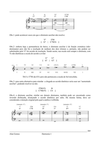 _________________________________________________________________________________




Obs.1: pode acontecer casos em que o diminuto auxiliar não resolve:

                                        Vº         I7M
                                     || Gº |      C7M/G          ||

Obs.2: embora haja a permanência do baixo, o diminuto auxiliar é de função cromática (não-
dominante) pois não há a resolução de nenhum dos dois trítonos e, portanto, não podem ser
substituídos pelo V7 do acorde de resolução. Sendo assim, sua escala será sempre a diminuta, com
Ts não diatônicas a escala do acorde a evitar:

                                          Vº   V7
                                       || Gº | G7           ||




               Tb13 e T7M são EVs pois não pertencem a escala de Sol mixolídia.

Obs.3: uma outra alternativa para retardar a chegada ao acorde diatônico seria usar um “aumentado
auxiliar”, podendo resolver ou não.

                                  I7M(#5)         I6
                               || C7M(#5)     |   C6   ||

Obs.4: o diminuto auxiliar, similar aos demais diminutos, também pode ser encontrado como
inversão disfarçada, alcançando o acorde diatônico por salto. Da mesma forma, deve ser
considerada a intenção original pela qual a análise é refletida.




_____________________________________________________________________________ 305
Alan Gomes                             Harmonia 1
 