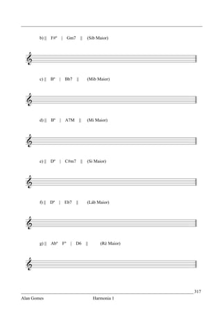 _________________________________________________________________________________


        b) ||   F#º       | Gm7         ||    (Sib Maior)




        c) ||   Bº    |    Bb7    ||          (Mib Maior)




        d) ||   Bº    | A7M            ||     (Mi Maior)




        e) || Dº      | C#m7            ||    (Si Maior)




        f) || Dº      | Eb7       ||          (Láb Maior)




        g) || Abº         Fº   | D6          ||      (Ré Maior)




_____________________________________________________________________________ 317
Alan Gomes                                        Harmonia 1
 