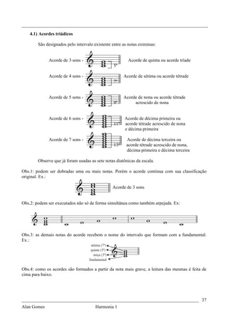 _________________________________________________________________________________
    4.1) Acordes triádicos

        São designados pelo intervalo existente entre as notas extremas:


              Acorde de 3 sons -                         Acorde de quinta ou acorde tríade
                                                 5ª

              Acorde de 4 sons -                       Acorde de sétima ou acorde tétrade
                                                 7ª


              Acorde de 5 sons -                       Acorde de nona ou acorde tétrade
                                                 9ª         acrescido de nona


              Acorde de 6 sons -                       Acorde de décima primeira ou
                                                 11ª   acorde tétrade acrescido de nona
                                                       e décima primeira

              Acorde de 7 sons -                        Acorde de décima terceira ou
                                                 13ª    acorde tétrade acrescido de nona,
                                                        décima primeira e décima terceira

        Observe que já foram usadas as sete notas diatônicas da escala.

Obs.1: podem ser dobradas uma ou mais notas. Porém o acorde continua com sua classificação
original. Ex.:

                                                Acorde de 3 sons


Obs.2: podem ser executados não só de forma simultânea como também arpejada. Ex:




Obs.3: as demais notas do acorde recebem o nome do intervalo que formam com a fundamental.
Ex.:




Obs.4: como os acordes são formados a partir da nota mais grave, a leitura das mesmas é feita de
cima para baixo.




_____________________________________________________________________________ 37
Alan Gomes                             Harmonia 1
 