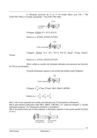_________________________________________________________________________________

                   • Alterações possíveis de 5ª ou 7ª: b5 (tríade Maior com 5ªD + 7ªM
(3ªM+3ªD+3ªM)) e #5 (tríade Aumentada + 7ªm (3ªM+3ªM+3ªD))




                     Cifragens: X7(b5); X7-; X7-5; X7(-5)

                     Outros ex.s.: G7(b5); Ab7(b5); F#7(b5)




                     Cifragens: X7(#5); X+7; X7+; X7+5; X7(+5); Xaug7; X7aug; Xaum7;
X7aum

                     Outros ex.s.: G7(#5); Ab7(#5); F#7(#5)

                    Obs.6: ambos os acordes são chamados alterados, pois possuem um intervalo
de 3ªD em sua formação.

                     O acorde dominante suspenso é um acorde não-triádico muito freqüente:




                                7
                     Cifragem: C ; C7sus; C7sus4; Bb/C; Bb6/C; Bb7M/C
                                4

                                    7    7     7
                     Outros ex.s.: G ; Ab ; F # .
                                    4    4     4

Obs.7: não se usa suspensão em acordes com alterações de 5ª (Aumentada ou Diminuta).
Obs.8: para maiores explicações sobre Bb/C, Bb6/C e Bb7M/C, ver “regras de cifragem” e “acorde
dominante suspenso” em “preparações primárias e secundárias”.
Obs.9: da mesma forma que a tríade suspensa, o dominante suspenso é uma acorde quartal invertido
(1ª inv.).                                        7
                                                C
                                                    4




_____________________________________________________________________________ 57
Alan Gomes                      Harmonia 1
 