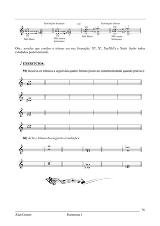 _________________________________________________________________________________




Obs.: acordes que contêm o trítono em sua formação: X7, Xº, Xm7(b5) e Xm6. Serão todos
estudados posteriormente.


   e EXERCÍCIOS:

     59) Resolva os trítonos a seguir das quatro formas possíveis (enarmonizando quando preciso):




     60) Ache o trítono das seguintes resoluções:




_____________________________________________________________________________ 76
Alan Gomes                      Harmonia 1
 