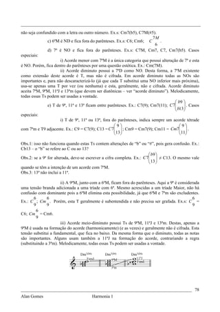 _________________________________________________________________________________
não seja confundido com a letra ou outro número. Ex.s: Cm7(b5), C7M(#5).
                                                                          7M
               c) 6ªM é ND e fica fora do parênteses. Ex.s: C6; Cm6; C       .
                                                                           6
               d) 7ª é NO e fica fora do parênteses. Ex.s: C7M, Cm7, C7, Cm7(b5). Casos
especiais:
                      i) Acorde menor com 7ªM é a única categoria que possui alteração de 7ª e esta
é NO. Porém, fica dentro do parênteses por uma questão estética. Ex.: Cm(7M).
                      ii) Acorde diminuto possui a 7ªD como NO. Desta forma, a 7ªM existente
como extensão deste acorde é T, mas não é cifrada. Em acorde diminuto todas as NOs são
importantes e, para não descaracterizá-lo (já que cada T substitui uma NO inferior mais próxima),
usa-se apenas uma T por vez (ou nenhuma) e esta, geralmente, não e cifrada. Acorde diminuto
aceita 7ªM, 9ªM, 11ªJ e 13ªm (que devem ser diatônicas – ver “acorde diminuto”). Melodicamente,
todas essas Ts podem ser usadas a vontade.
                                                                                      b9 
               e) T de 9ª, 11ª e 13ª ficam entre parênteses. Ex.: C7(9); Cm7(11); C 7
                                                                                      b13 . Casos
                                                                                          
                                                                                         
especiais:
                      i) T de 9ª, 11ª ou 13ª, fora do parênteses, indica sempre um acorde tétrade
                                                    9                                 9
com 7ªm e T9 adjacente. Ex.: C9 = C7(9); C13 = C 7  ; Cm9 = Cm7(9); Cm11 = Cm7  .
                                                    13                                11
                                                                                       

Obs.1: isso não funciona quando estas Ts contem alterações de “b” ou “#”, pois gera confusão. Ex.:
Cb13 – o “b” se refere ao C ou ao 13?
                                                                         b9 
Obs.2: se a 9ª for alterada, deve-se escrever a cifra completa. Ex.: C 7  ≠ C13. O mesmo vale
                                                                         13 
                                                                         
quando se têm a intenção de um acorde com 7ªM.
Obs.3: 13ª não inclui a 11ª.

                      ii) A 9ªM, junto com a 6ªM, ficam fora do parênteses. Aqui a 9ª é considerada
uma tensão branda adicionada a uma tríade com 6ª. Mesmo acrescidas a um tríade Maior, não há
confusão com dominante pois a 6ªM elimina esta possibilidade, já que 6ªM e 7ªm são excludentes.
        6      6                                                                                6
Ex.: C ; Cm . Porém, esta T geralmente é subentendida e não precisa ser grafada. Ex.s: C =
        9      9                                                                                9
         6
C6; Cm = Cm6.
         9
                      iii) Acorde meio-diminuto possui Ts de 9ªM, 11ªJ e 13ªm. Destas, apenas a
9ªM é usada na formação do acorde (harmonicamente) (e as vezes) e geralmente não é cifrada. Esta
tensão substitui a fundamental, que fica no baixo. Da mesma forma que o diminuto, todas as notas
são importantes. Alguns usam também a 11ªJ na formação do acorde, contrariando a regra
(substituindo a 3ªm). Melodicamente, todas essas Ts podem ser usadas a vontade.




_____________________________________________________________________________ 78
Alan Gomes                      Harmonia 1
 