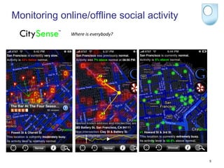 Monitoring online/offline social activity
              Where	
  is	
  everybody?	
  




                                              5
 