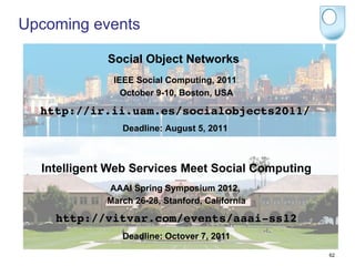 Upcoming events

             Social Object Networks
              IEEE Social Computing, 2011
                October 9-10, Boston, USA

  http://ir.ii.uam.es/socialobjects2011/
                                       !
                Deadline: August 5, 2011



  Intelligent Web Services Meet Social Computing
             AAAI Spring Symposium 2012,
             March 26-28, Stanford, California

    http://vitvar.com/events/aaai-ss12
                Deadline: Octover 7, 2011

                                                   62
 