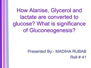 How Alanise, Glycerol and
lactate are converted to
glucose? What is significance
of Gluconeogenesis?
Presented By:- MADIHA RUBAB
Roll # 41
 