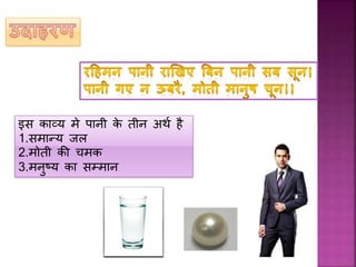 इस काव्य मे पानी के तीन अर्थ िै
1.समान्य िल
2.मोती की चमक
3.मनुष्य का सम्मान
 