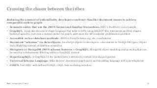 PwC | Collapsing the IT stack
Crossing the chasm between the tribes
23
Reducing the amount of unfamiliarity developers confront--familiar document means to achieve
comparable ends to graph:
• Semantic suites that use the JSON format and familiar hierarchies: SWC’s PoolParty is an example
• GraphQL: A popular document shape language that talks to APIs using SELECT-like statements and tree shapes;
backend-agnostic; just uses a mental model for graph; addresses the API endpoint proliferation problem
• Accessible web as database methods: JSON-LD and Schema.org, etc. vocabularies
• Document “schemas” via data objects: JavaScript objects to developers = documents to NoSQL DB types; Object
Data Modeling instead of database semantics
• Mongoose or MongoDB JSON schema features + GraphQL: MongoDB object modeling and querying that can
be used for subdocument filtering within a GraphQL context
• HyperGraphQL: A GraphQL UI for Linked Data, restricted to certain tree-shaped queries
• Universal Schema Language: Mike Bowers’ document/graph query and modeling language still in development
• COMN: Ted Hills’ well-defined NoSQL + SQL data modeling notation
 