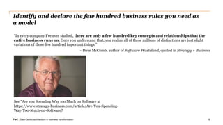PwC | Data-Centric architecture in business transformation
Identify and declare the few hundred business rules you need as
a model
18
“In every company I’ve ever studied, there are only a few hundred key concepts and relationships that the
entire business runs on. Once you understand that, you realize all of these millions of distinctions are just slight
variations of those few hundred important things.”
--Dave McComb, author of Software Wasteland, quoted in Strategy + Business
See “Are you Spending Way too Much on Software at
https://www.strategy-business.com/article/Are-You-Spending-
Way-Too-Much-on-Software?
 