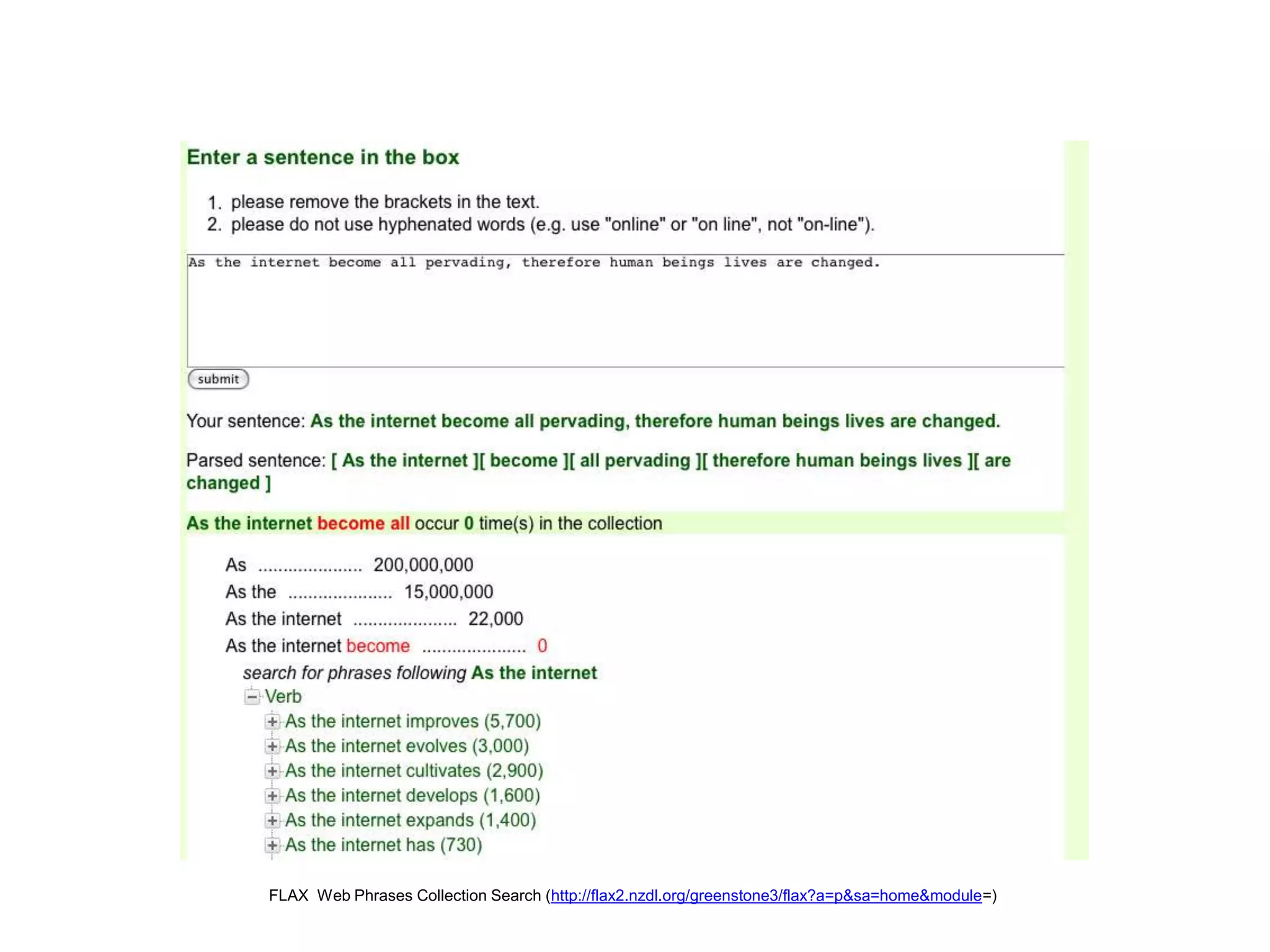 FLAX Web Collocations Collection Search (http://flax2.nzdl.org/greenstone3/flax?a=p&sa=home&module=) 