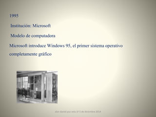 1995 
Institución: Microsoft 
Modelo de computadora 
Microsoft introduce Windows 95, el primer sistema operativo 
completamente gráfico 
alan daniel puc vela 1F 5 de diciembre 2014 11 
 