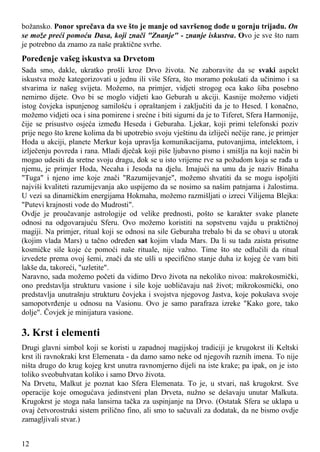 božansko. Ponor sprečava da sve što je manje od savršenog dođe u gornju trijadu. On
se može preći pomoću Dasa, koji znači "Znanje" - znanje iskustva. Ovo je sve što nam
je potrebno da znamo za naše praktične svrhe.
Poređenje vašeg iskustva sa Drvetom
Sada smo, dakle, ukratko prošli kroz Drvo života. Ne zaboravite da se svaki aspekt
iskustva može kategorizovati u jednu ili više Sfera, što moramo pokušati da učinimo i sa
stvarima iz našeg svijeta. Možemo, na primjer, vidjeti strogog oca kako šiba posebno
nemirno dijete. Ovo bi se moglo vidjeti kao Geburah u akciji. Kasnije možemo vidjeti
istog čovjeka ispunjenog samilošću i opraštanjem i zaključiti da je to Hesed. I konačno,
možemo vidjeti oca i sina pomirene i srećne i biti sigurni da je to Tiferet, Sfera Harmonije,
čije se prisustvo osjeća između Heseda i Geburaha. Ljekar, koji primi telefonski poziv
prije nego što krene kolima da bi upotrebio svoju vještinu da izliječi nečije rane, je primjer
Hoda u akciji, planete Merkur koja upravlja komunikacijama, putovanjima, intelektom, i
izlječenju povreda i rana. Mladi dječak koji piše ljubavno pismo i smišlja na koji način bi
mogao udesiti da sretne svoju dragu, dok se u isto vrijeme rve sa požudom koja se rađa u
njemu, je primjer Hoda, Necaha i Jesoda na djelu. Imajući na umu da je naziv Binaha
"Tuga" i njeno ime koje znači "Razumijevanje", možemo shvatiti da se mogu ispoljiti
najviši kvaliteti razumijevanja ako uspijemo da se nosimo sa našim patnjama i žalostima.
U vezi sa dinamičkim energijama Hokmaha, možemo razmišljati o izreci Vilijema Blejka:
"Putevi krajnosti vode do Mudrosti".
Ovdje je proučavanje astrologije od velike prednosti, pošto se karakter svake planete
odnosi na odgovarajuću Sferu. Ovo možemo koristiti na sopstvenu vajdu u praktičnoj
magiji. Na primjer, ritual koji se odnosi na sile Geburaha trebalo bi da se obavi u utorak
(kojim vlada Mars) u tačno određen sat kojim vlada Mars. Da li su tada zaista prisutne
kosmičke sile koje će pomoći naše rituale, nije važno. Time što ste odlučili da ritual
izvedete prema ovoj šemi, znači da ste ušli u specifično stanje duha iz kojeg će vam biti
lakše da, takoreći, "uzletite".
Naravno, sada možemo početi da vidimo Drvo života na nekoliko nivoa: makrokosmički,
ono predstavlja strukturu vasione i sile koje uobličavaju naš život; mikrokosmički, ono
predstavlja unutrašnju strukturu čovjeka i svojstva njegovog Jastva, koje pokušava svoje
samopotvrđenje u odnosu na Vasionu. Ovo je samo parafraza izreke "Kako gore, tako
dolje". Čovjek je minijatura vasione.
3. Krst i elementi
Drugi glavni simbol koji se koristi u zapadnoj magijskoj tradiciji je krugokrst ili Keltski
krst ili ravnokraki krst Elemenata - da damo samo neke od njegovih raznih imena. To nije
ništa drugo do krug kojeg krst unutra ravnomjerno dijeli na iste krake; pa ipak, on je isto
toliko sveobuhvatan koliko i samo Drvo života.
Na Drvetu, Malkut je poznat kao Sfera Elemenata. To je, u stvari, naš krugokrst. Sve
operacije koje omogućava jedinstveni plan Drveta, nužno se dešavaju unutar Malkuta.
Krugokrst je stoga naša lansirna tačka za uspinjanje na Drvo. (Ostatak Sfera se uklapa u
ovaj četvorostruki sistem prilično fino, ali smo to sačuvali za dodatak, da ne bismo ovdje
zamagljivali stvar.)
12
 