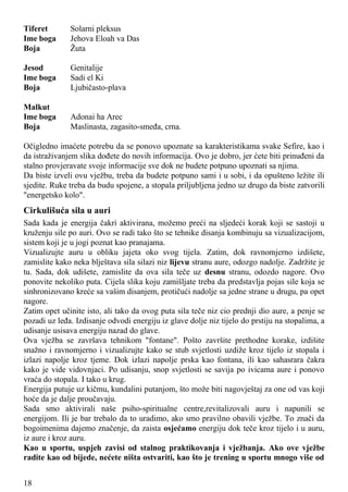 Tiferet Solarni pleksus
Ime boga Jehova Eloah va Das
Boja Žuta
Jesod Genitalije
Ime boga Sadi el Ki
Boja Ljubičasto-plava
Malkut
Ime boga Adonai ha Arec
Boja Maslinasta, zagasito-smeđa, crna.
Očigledno imaćete potrebu da se ponovo upoznate sa karakteristikama svake Sefire, kao i
da istraživanjem slika dođete do novih informacija. Ovo je dobro, jer ćete biti prinuđeni da
stalno provjeravate svoje informacije sve dok ne budete potpuno upoznati sa njima.
Da biste izveli ovu vježbu, treba da budete potpuno sami i u sobi, i da opušteno ležite ili
sjedite. Ruke treba da budu spojene, a stopala priljubljena jedno uz drugo da biste zatvorili
"energetsko kolo".
Cirkulišuća sila u auri
Sada kada je energija čakri aktivirana, možemo preći na sljedeći korak koji se sastoji u
kruženju sile po auri. Ovo se radi tako što se tehnike disanja kombinuju sa vizualizacijom,
sistem koji je u jogi poznat kao pranajama.
Vizualizujte auru u obliku jajeta oko svog tijela. Zatim, dok ravnomjerno izdišete,
zamislite kako neka blještava sila silazi niz lijevu stranu aure, odozgo nadolje. Zadržite je
tu. Sada, dok udišete, zamislite da ova sila teče uz desnu stranu, odozdo nagore. Ovo
ponovite nekoliko puta. Cijela slika koju zamišljate treba da predstavlja pojas sile koja se
sinhronizovano kreće sa vašim disanjem, protičući nadolje sa jedne strane u drugu, pa opet
nagore.
Zatim opet učinite isto, ali tako da ovog puta sila teče niz cio prednji dio aure, a penje se
pozadi uz leđa. Izdisanje odvodi energiju iz glave dolje niz tijelo do prstiju na stopalima, a
udisanje usisava energiju nazad do glave.
Ova vježba se završava tehnikom "fontane". Pošto završite prethodne korake, izdišite
snažno i ravnomjerno i vizualizujte kako se stub svjetlosti uzdiže kroz tijelo iz stopala i
izlazi napolje kroz tjeme. Dok izlazi napolje prska kao fontana, ili kao sahasrara čakra
kako je vide vidovnjaci. Po udisanju, snop svjetlosti se savija po ivicama aure i ponovo
vraća do stopala. I tako u krug.
Energija putuje uz kičmu, kundalini putanjom, što može biti nagovještaj za one od vas koji
hoće da je dalje proučavaju.
Sada smo aktivirali naše psiho-spiritualne centre,revitalizovali auru i napunili se
energijom. Ili je bar trebalo da to uradimo, ako smo pravilno obavili vježbe. To znači da
bogoimenima dajemo značenje, da zaista osjećamo energiju dok teče kroz tijelo i u auru,
iz aure i kroz auru.
Kao u sportu, uspjeh zavisi od stalnog praktikovanja i vježbanja. Ako ove vježbe
radite kao od bijede, nećete ništa ostvariti, kao što je trening u sportu mnogo više od
18
 