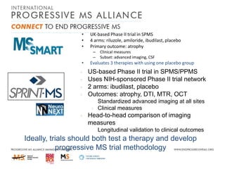 •
•
•

UK-based Phase II trial in SPMS
4 arms: riluzole, amiloride, ibudilast, placebo
Primary outcome: atrophy
–
–

•

Clinical measures
Subset: advanced imaging, CSF

Evaluates 3 therapies with using one placebo group

US-based Phase II trial in SPMS/PPMS
Uses NIH-sponsored Phase II trial network
2 arms: ibudilast, placebo
Outcomes: atrophy, DTI, MTR, OCT
Standardized advanced imaging at all sites
Clinical measures

Head-to-head comparison of imaging
measures
Longitudinal validation to clinical outcomes

Ideally, trials should both test a therapy and develop
progressive MS trial methodology

 