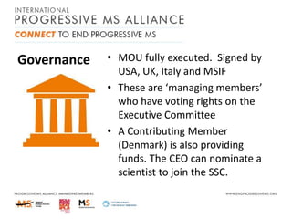 Governance

• MOU fully executed. Signed by
USA, UK, Italy and MSIF
• These are ‘managing members’
who have voting rights on the
Executive Committee
• A Contributing Member
(Denmark) is also providing
funds. The CEO can nominate a
scientist to join the SSC.

 