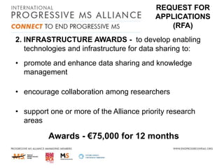 REQUEST FOR
APPLICATIONS
(RFA)
2. INFRASTRUCTURE AWARDS - to develop enabling
technologies and infrastructure for data sharing to:
• promote and enhance data sharing and knowledge
management

• encourage collaboration among researchers
• support one or more of the Alliance priority research
areas

Awards - €75,000 for 12 months

 