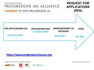 REQUEST FOR
APPLICATIONS
(RFA)

PRE-APPLICATIONS DUE

APPLICATIONS DUE
31 January 2013

15 January 2013

http://www.endprogressivems.org

ANNOUNCEMENT OF
DECISIONS
May 2014

START
July 2014

 