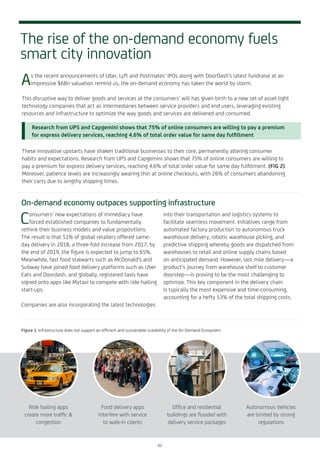 The rise of the on-demand economy fuels
smart city innovation
As the recent announcements of Uber, Lyft and Postmates’ IPOs along with DoorDash’s latest fundraise at an
impressive $6Bn valuation remind us, the on-demand economy has taken the world by storm.
This disruptive way to deliver goods and services at the consumers’ will has given birth to a new set of asset-light
technology companies that act as intermediaries between service providers and end users, leveraging existing
resources and infrastructure to optimize the way goods and services are delivered and consumed.
These innovative upstarts have shaken traditional businesses to their core, permanently altering consumer
habits and expectations. Research from UPS and Capgemini shows that 75% of online consumers are willing to
pay a premium for express delivery services, reaching 4.6% of total order value for same day fulfillment. (FIG 2)
Moreover, patience levels are increasingly wearing thin at online checkouts, with 26% of consumers abandoning
their carts due to lengthy shipping times.
Consumers’ new expectations of immediacy have
forced established companies to fundamentally
rethink their business models and value propositions.
The result is that 51% of global retailers offered same-
day delivery in 2018, a three-fold increase from 2017; by
the end of 2019, the figure is expected to jump to 65%.
Meanwhile, fast food stalwarts such as McDonald’s and
Subway have joined food delivery platforms such as Uber
Eats and Doordash, and globally, registered taxis have
signed onto apps like Mytaxi to compete with ride-hailing
start-ups.
Companies are also incorporating the latest technologies
into their transportation and logistics systems to
facilitate seamless movement. Initiatives range from
automated factory production to autonomous truck
warehouse delivery, robotic warehouse picking, and
predictive shipping whereby goods are dispatched from
warehouses to retail and online supply chains based
on anticipated demand. However, last mile delivery—a
product’s journey from warehouse shelf to customer
doorstep—is proving to be the most challenging to
optimize. This key component in the delivery chain
is typically the most expensive and time-consuming,
accounting for a hefty 53% of the total shipping costs.
On-demand economy outpaces supporting infrastructure
Ride hailing apps
create more traffic &
congestion
Food delivery apps
interfere with service
to walk-in clients
Office and residential
buildings are flooded with
delivery service packages
Autonomous Vehicles
are limited by strong
regulations
Figure 1: Infrastructure does not support an efficient and sustainable scalability of the On-Demand Ecosystem
Research from UPS and Capgemini shows that 75% of online consumers are willing to pay a premium
for express delivery services, reaching 4.6% of total order value for same day fulfillment
02
 