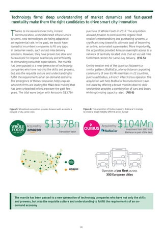 Technology firms’ deep understanding of market dynamics and fast-paced
mentality make them the right candidates to drive smart city innovation
Thanks to increased connectivity, instant
communication, and established infrastructure
systems, new technologies are being adopted at
an exponential rate. In the past, we would have
looked to incumbent companies to fill any gaps
in consumer needs, such as last mile delivery
solutions. However, they have proven too slow and
bureaucratic to respond seamlessly and efficiently
to demanding consumer expectations. The mantle
has been passed to a new generation of technology
companies who have not only the skills and prowess,
but also the requisite culture and understanding to
fulfill the requirements of an on-demand economy.
The emergence of these companies helps explain
why tech firms are leading the M&A deal-making that
has been unleashed in this area over the past few
years. The tidal wave began with Amazon’s $13.7Bn
purchase of Whole Foods in 2017. The acquisition
allowed Amazon to centralize the organic food
retailer’s merchandising and purchasing systems, a
significant step toward its ultimate goal of becoming
an online, automated supermarket. More importantly,
the acquisition provided Amazon overnight access to a
network of centrally located sites that act as last mile
fulfillment centers for same-day delivery. (FIG 5)
On the smaller end of the scale but following a
similar pattern, BlaBlaCar, a long-distance carpooling
community of over 65 Mn members in 22 countries,
purchased Ouibus, a French intercity bus operator. The
acquisition will help BlaBlaCar to revolutionize travel
in Europe by offering a broad mobility door-to-door
service that provides a combination of cars and buses
while optimizing capacity rates. (FIG 6)
The mantle has been passed to a new generation of technology companies who have not only the skills
and prowess, but also the requisite culture and understanding to fulfill the requirements of an on-
demand economy
Figure 5: Wholefoods acquisition provides Amazon with access to a
network of city center sites
Acquired by
Transaction Value
$13.7Bn Acquired by
Investment from SNCF into
Blablacar as part of the deal
$104Mn
Figure 6: The acquisition of Ouibus supports Blablacar’s strategy
to create a broad mobility offering across Europe
Operates a bus fleet across
300 European cities
05
 