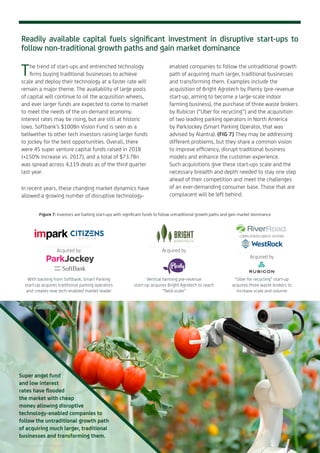 The trend of start-ups and entrenched technology
firms buying traditional businesses to achieve
scale and deploy their technology at a faster rate will
remain a major theme. The availability of large pools
of capital will continue to oil the acquisition wheels,
and ever larger funds are expected to come to market
to meet the needs of the on-demand economy.
Interest rates may be rising, but are still at historic
lows. Softbank’s $100Bn Vision Fund is seen as a
bellwether to other tech investors raising larger funds
to jockey for the best opportunities. Overall, there
were 45 super venture capital funds raised in 2018
(+150% increase vs. 2017), and a total of $73.7Bn
was spread across 4,119 deals as of the third quarter
last year.
In recent years, these changing market dynamics have
allowed a growing number of disruptive technology-
Readily available capital fuels significant investment in disruptive start-ups to
follow non-traditional growth paths and gain market dominance
enabled companies to follow the untraditional growth
path of acquiring much larger, traditional businesses
and transforming them. Examples include the
acquisition of Bright Agrotech by Plenty (pre-revenue
start-up, aiming to become a large-scale indoor
farming business), the purchase of three waste brokers
by Rubicon (“Uber for recycling”) and the acquisition
of two leading parking operators in North America
by ParkJockey (Smart Parking Operator, that was
advised by Alantra). (FIG 7) They may be addressing
different problems, but they share a common vision
to improve efficiency, disrupt traditional business
models and enhance the customer experience.
Such acquisitions give these start-ups scale and the
necessary breadth and depth needed to stay one step
ahead of their competition and meet the challenges
of an ever-demanding consumer base. Those that are
complacent will be left behind.
Figure 7: Investors are fuelling start-ups with significant funds to follow untraditional growth paths and gain market dominance
Acquired by
Vertical farming pre-revenue
start-up acquires Bright Agrotech to reach
“field-scale”
Acquired by
“Uber for recycling” start-up
acquires three waste brokers to
increase scale and volume
COMPUTERIZED WASTE SYSTEMS
Super angel fund
and low interest
rates have flooded
the market with cheap
money allowing disruptive
technology-enabled companies to
follow the untraditional growth path
of acquiring much larger, traditional
businesses and transforming them.
With backing from Softbank, Smart Parking
start-up acquires traditional parking operators
and creates new tech-enabled market leader
Acquired by
Photo source: Shutterstock 06
 